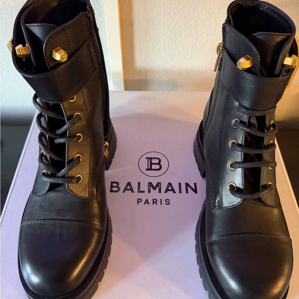 Balmain Black Charlie Combat Boots with Gold Accents - Picture 3 of 7